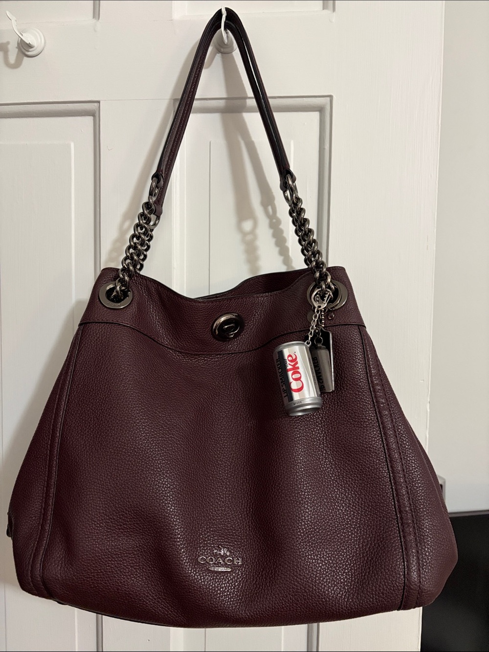 Coach Pebbled Leather Shoulder Bag in Burgundy with Chain Straps